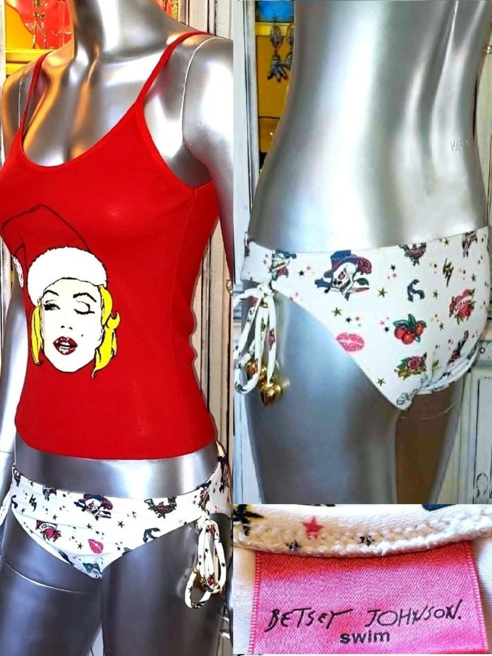 Betsey Johnson Vintage Y2K Tattoo Bikini Bottoms Cherries Skull Dagger Heart S